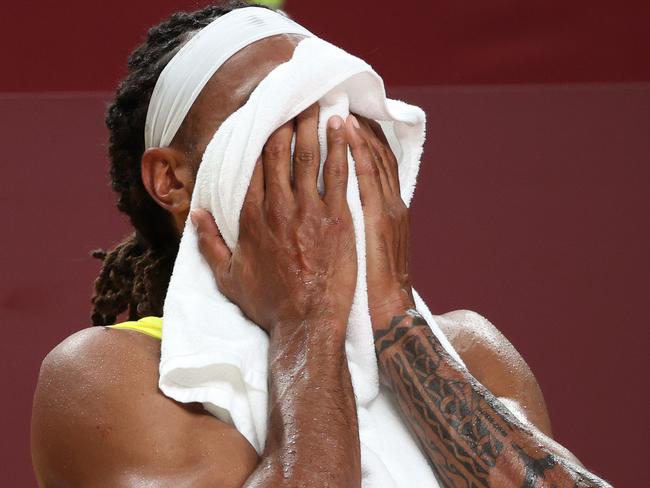 Patty Mills reacts in disappointment. (Photo by Kevin C. Cox/Getty Images)