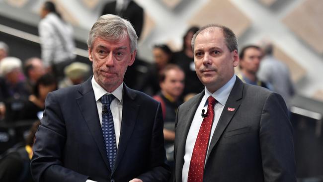 Outgoing Westpac chairman Lindsay Maxsted (left) and new CEO Peter King at bank’s 2019 AGM. Picture: AAP