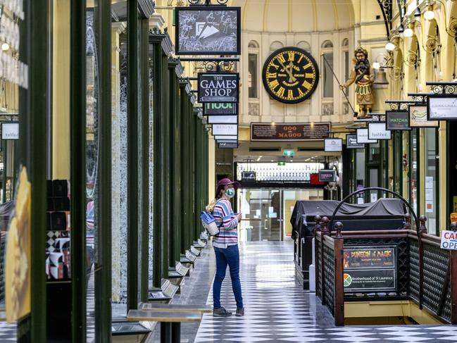 Royal Arcade in Melbourne CBD remains quiet as Victoria is only days away from Covid restrictions easing. Picture: David Geraghty