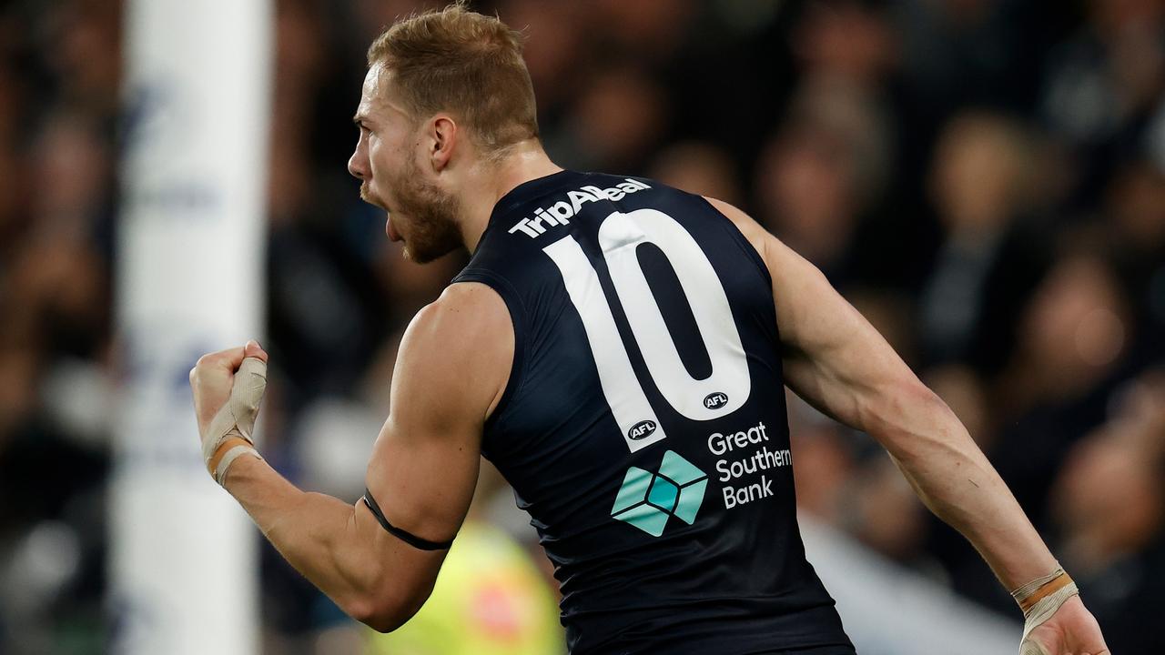 Harry McKay enjoys a goal for the Blues against Fremantle.