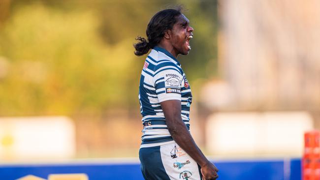 Antonio James scores a try for the Darwin Brothers against the Northern Sharks in the 2024 NRL NT men's grand final. Picture: Pema Tamang Pakhrin