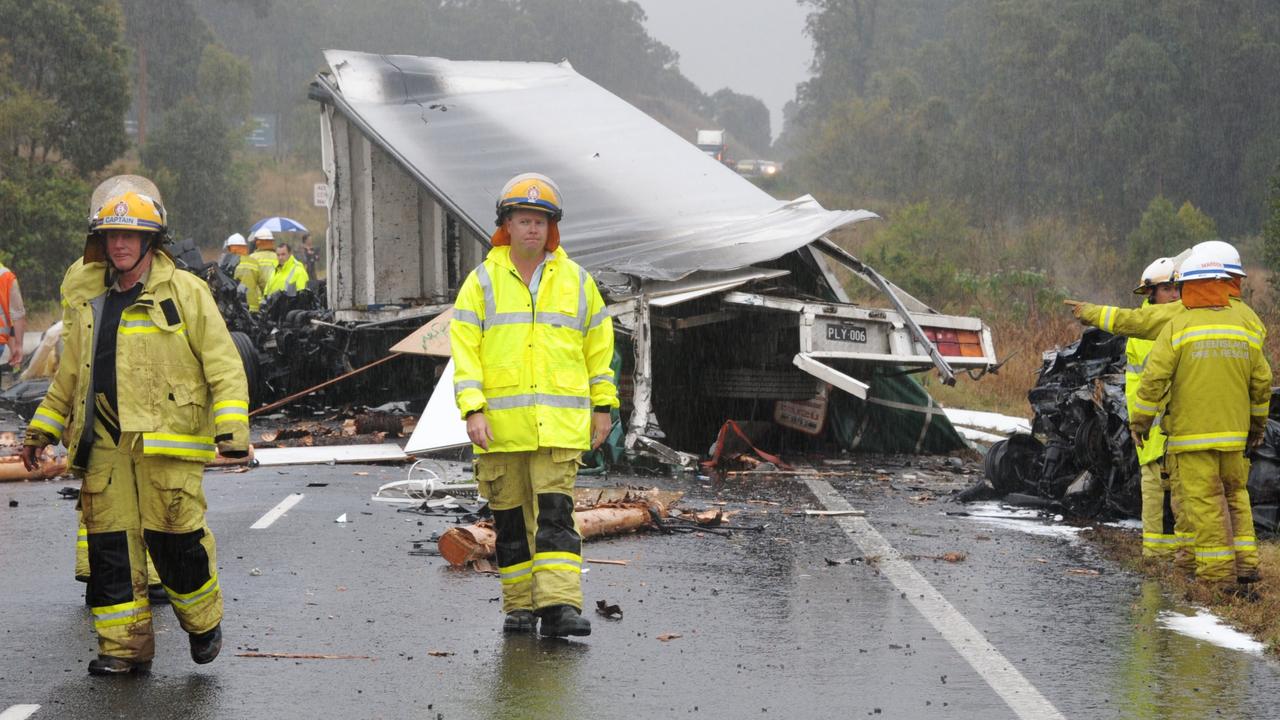 Photo to go with Brett Wortman farewell article:
We see a lot of horrible things. This multiple fatal crash on the Bruce Highway near Kybong involving three trucks resembled a war zone.
Photo: Brett Wortman