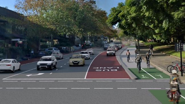 New artist impressions of the Oxford St East Cycleway showing parking in bus lanes, permitted during off-peak periods and weekends (subject to change). Picture: TfNSW.