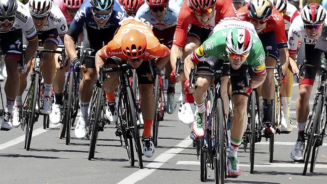 Ital;y’s Elia Viviani sprints to victory in Stage 1 from North Adelaide to Port Adelaide. Picture SARAH REED