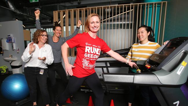 Sarah Huntly, who beat thyroid cancer with help from skills from her job, pictured with supporters and Barwon Health Sunrise Centre team members Emma Breuer, Bree McPhee and April Chiu. Picture: Alan Barber