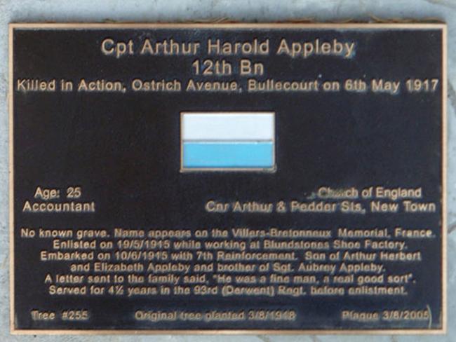 Captain Arthur Appleby’s plaque on the Soldiers’ Memorial Avenue.