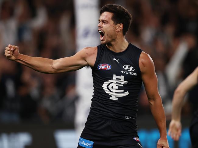 MELBOURNE. 23/04/2023. AFL. Round 6. Carlton vs St Kilda at Marvel Stadium.  Jack Silvagni of the Blues celebrates a 1st quarter goal . Pic: Michael Klein