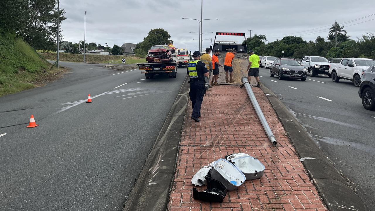 Aftermath of car crashing into a light pole on Malcolmson St, Mount Pleasant at 2:30pm on May 30, 2025. Picture: Luke Lay