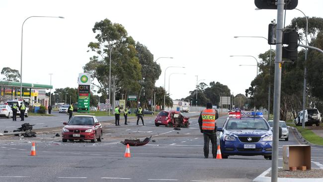 The scene of the fatal crash on the corner of Kings Road and Main North Road, Parafield. Picture: AAP Image/Dean Martin