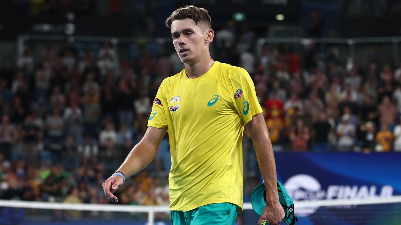 SYDNEY, AUSTRALIA - JANUARY 11: Alex de Minaur of Australia looks on after being defeated in his semi-final singles match against Rafael Nadal of Spain on day nine of the 2020 ATP Cup at Ken Rosewall Arena on January 11, 2020 in Sydney, Australia. (Photo by Cameron Spencer/Getty Images)