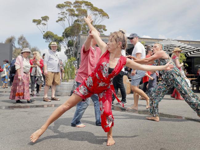 Performance artists interact with onlookers at Mona during Mona Foma. Picture: PATRICK GEE