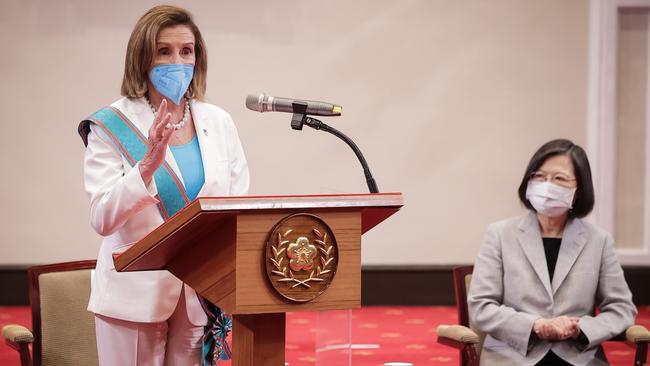 Nancy Pelosi speaks to reporters alongside Taiwan's President Tsai Ing-wen at the president's office in Taipei, Taiwan. Picture: Getty Images.