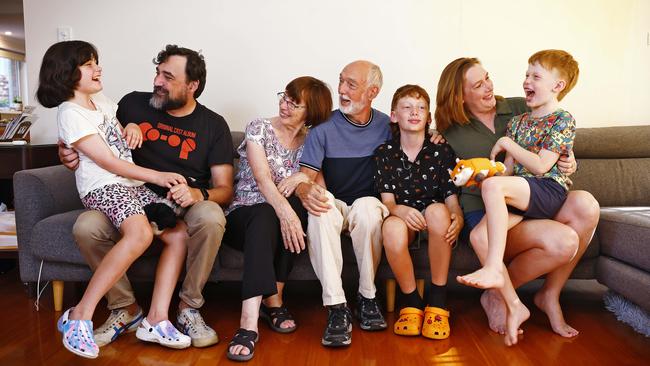 <span id="U833461464719fSD" style="font-stretch:95%;">The multigenerational Jones family Georgie with dad Will, grandparents Margaret and David, Rafferty, Chester and Will’s sister Clea all in their shared home. Picture: Sam Ruttyn</span>