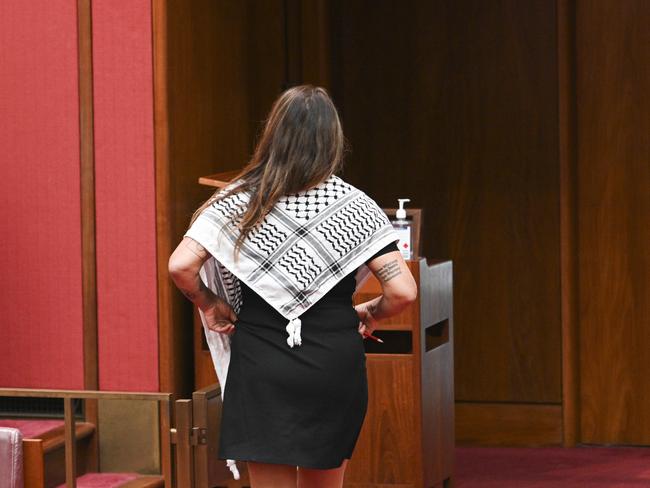 Ms Thorpe leaves parliament after accusing Labor of being ‘complicit in genocide’. Picture: Martin Oldman