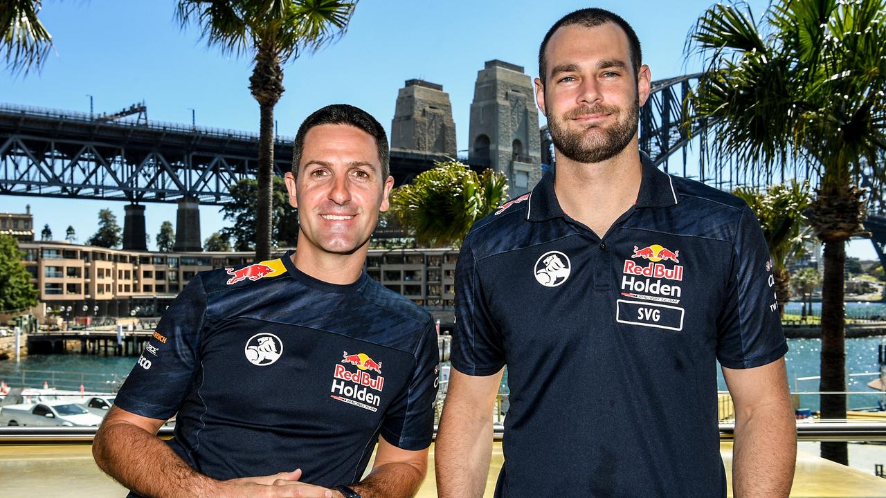 Red Bull teammates Jamie Whincup (left) and Shane van Gisbergen. Picture: AAP