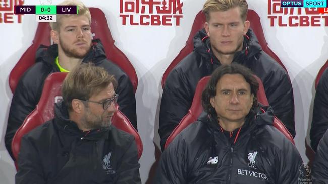 Loris Karius looks at Jurgen Klopp