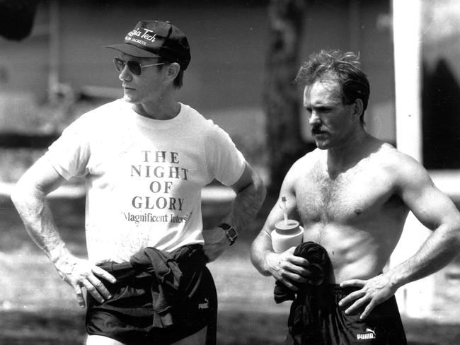 Then-Richmond coach Kevin Bartlett with Dale Weightman during training at Bacchus Marsh in 1990.