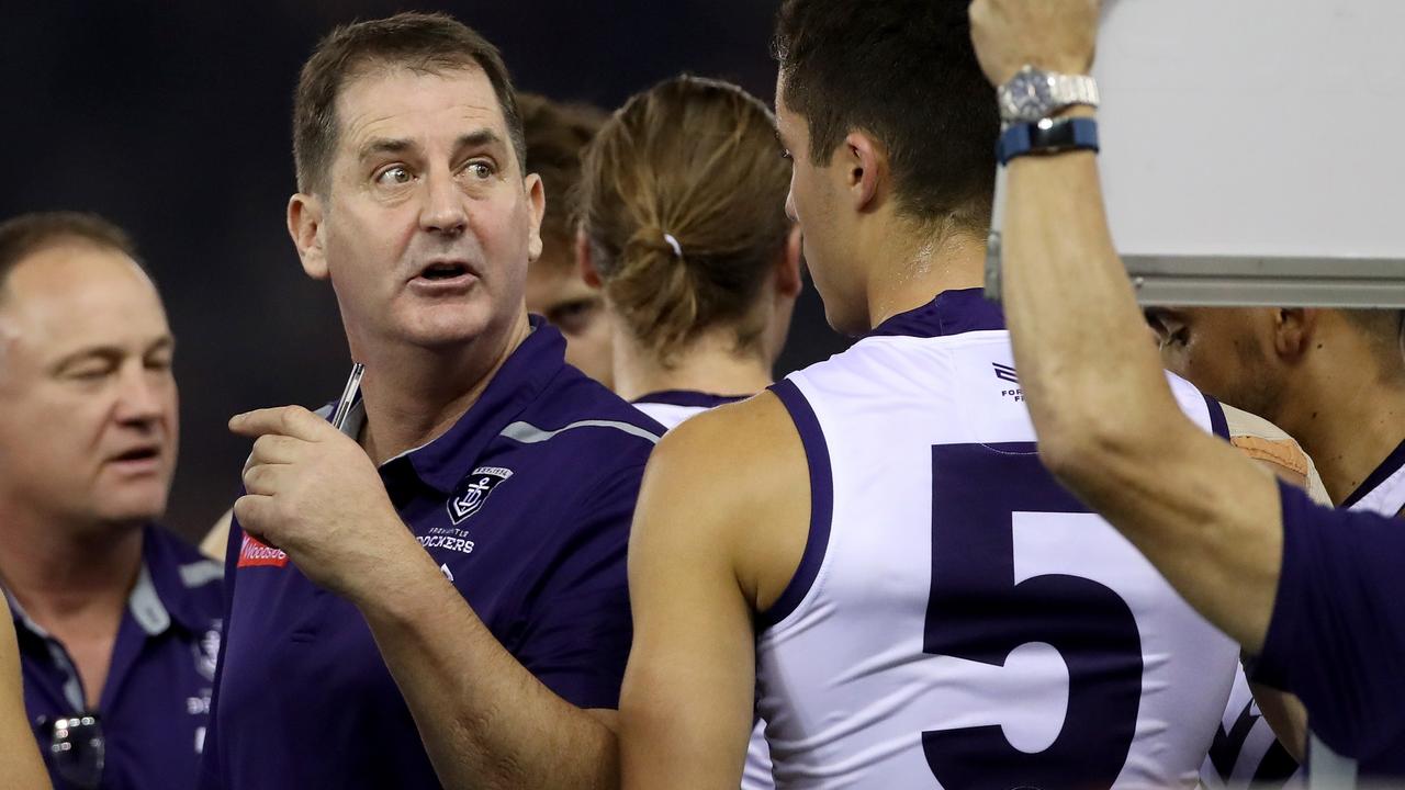 Ross Lyon chats to his players during the loss to Essendon. Picture: AAP Images