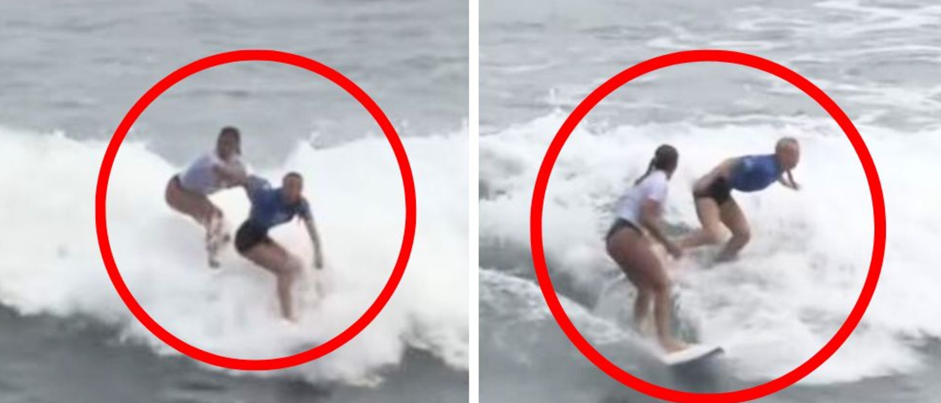 A rival surfer tries to push Aussie Willow Ryder off her board.