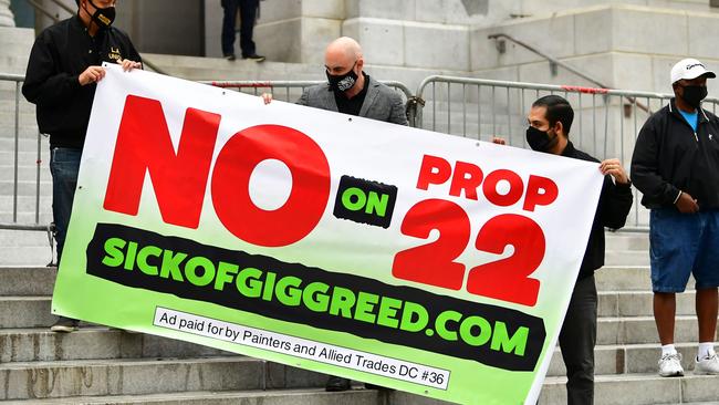 App-based drivers from Uber and Lyft protest in front of City Hall in Los Angeles, California. Picture: AFP.