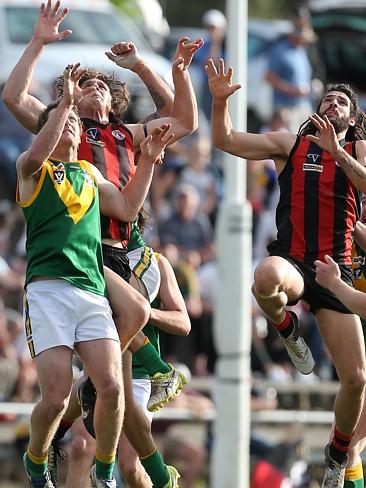 Gippsland Football League Grand Final match between Maffra Eagles and Leongatha Parrots. Maffra became the 2016 premiers, defeating Leongatha 13.10 (88) to 9. 16 (67). Andrew Petrou and Daniel Bedggood fly high for Maffra while Christopher Verboon goes up against them. Picture: Yuri Kouzmin