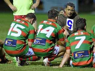 Hervey Bay Seagulls players with coach Fai Sami. The match against the Roos saw a spectator suspended. Picture: Alistair Brightman