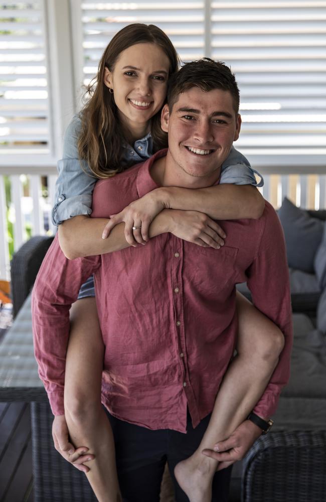 Former Test batsman Matt Renshaw and partner Josie Harvey celebrate their recent engagement. Picture: Mark Cranitch.