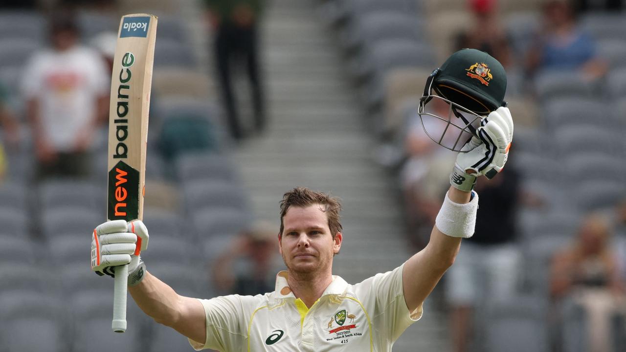 Steve Smith celebrates reaching his fourth double century. Picture: Colin Murty/AFP