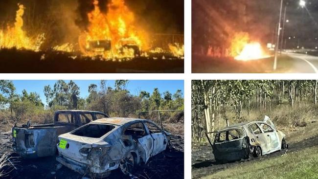 Images of three vehicles which were torched at Bohle Plains and Mount Low overnight. Picture: Supplied.