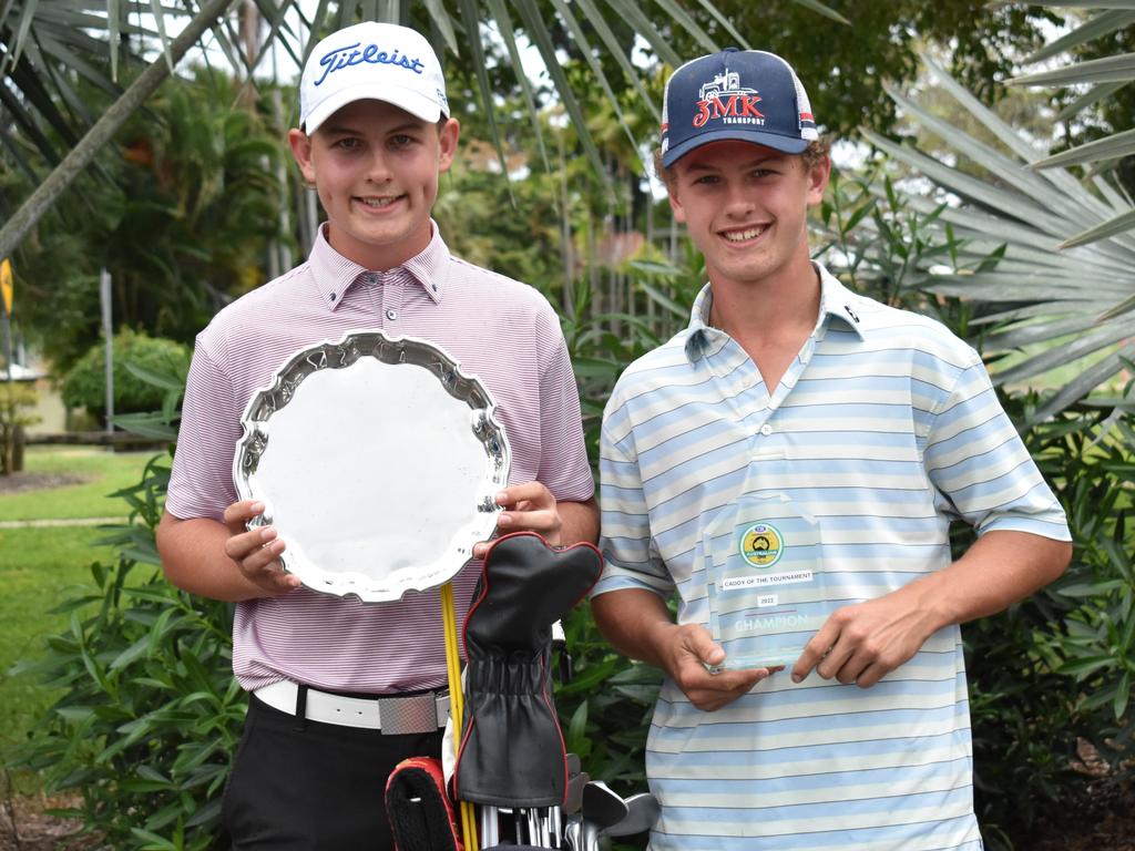 Isaak Jensen, pictured with his US Kids Golf Australian Open trophy, with brother Riley who took out the Caddie of the Tournament.