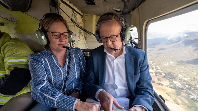 The Prime Minister with Ms Allan flying over the fire area of the Grampians. Picture: Supplied