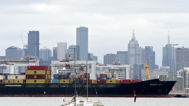 Cargo ships at the Port of Melbourne.