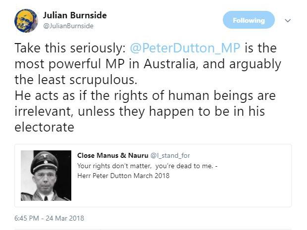 28-03-18 - Julian Burnside tweet about Peter Dutton. Twitter