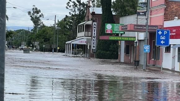 Laidley town centre, and the Birdhouse boutique, during 2024 flood waters on Tuesday morning, January 30. Picture: Jane Matthews