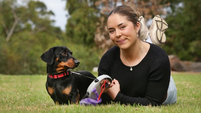 NETWORK USE ONLY Doolacky have invented a a hands free Doggy Doo Holding device the clips to your log Lead .Maddie Jameson with her dog miniature Daschund  Bobby .Picture Andrew Tauber