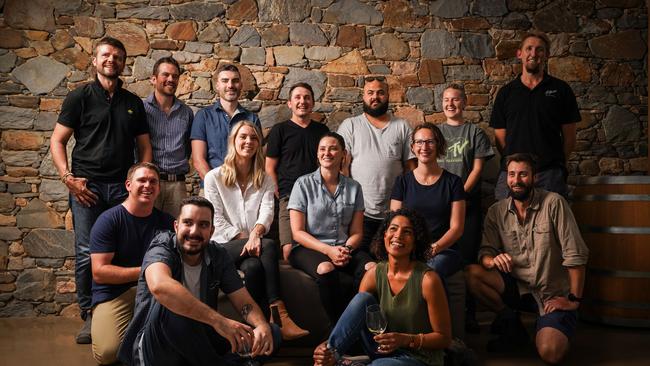 Top, from left, Alex MacClelland, Tim Pelquest-Hunt, Matthew Cartwright, Jamie Wall Kyle Johns, Sarah Voigt, Brock Harrison. Middle, Trent Burge, Sophie Melton, Clare Falzon, Siobhan Wigan, Tim Dolan. Bottom, Nathan Hunter and Belinda van Eyssen at the Barossa Cellar.