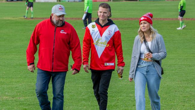 Birdwood Football Netball Club president Brendan Loechel, Jack ﻿Loiacono and Antonio's girlfriend Allana Collins. Picture: Ben Clark