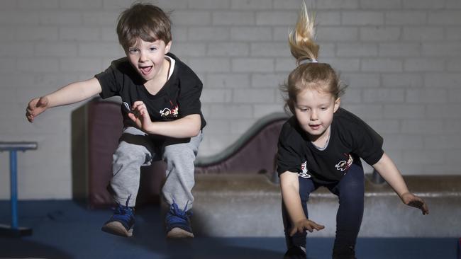 Ben Devlin, 3, and Indie Grgic take part in a new ninja gym program starting at Bankstown YMCA. Picture: Melvyn Knipe