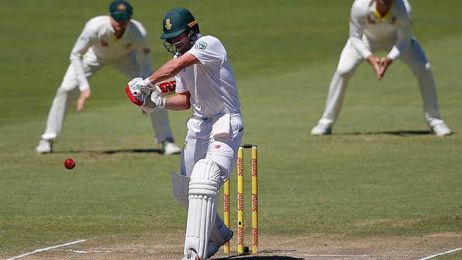 South Africa batsman AB de Villiers plays a shot during day four of the second cricket Test match between South Africa and Australia at St George's Park in Port Elizabeth, on March 12, 2018. / AFP PHOTO / MARCO LONGARI