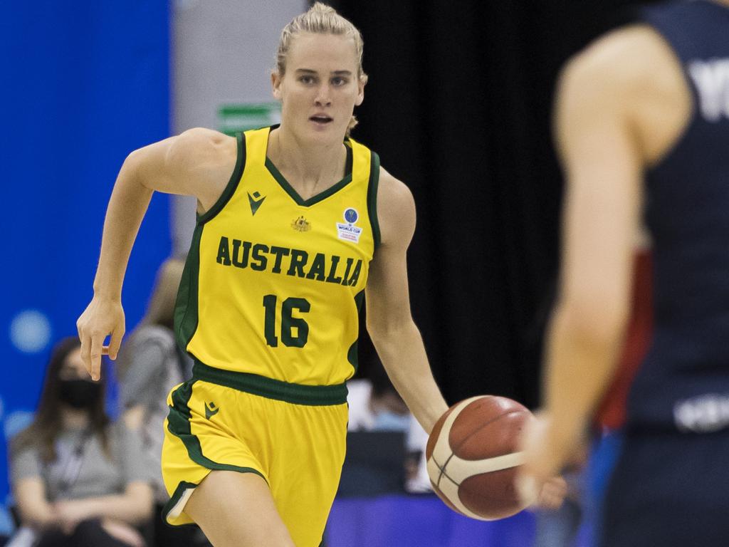 BELGRADE, SERBIA - FEBRUARY 13: Kristy Anne Wallace of Australia in action during the FIBA Women's Basketball World Cup Qualifying Tournament match between Australia v Korea on February 13, 2022 in Belgrade, Serbia. (Photo by Nikola Krstic/MB Media/Getty Images)