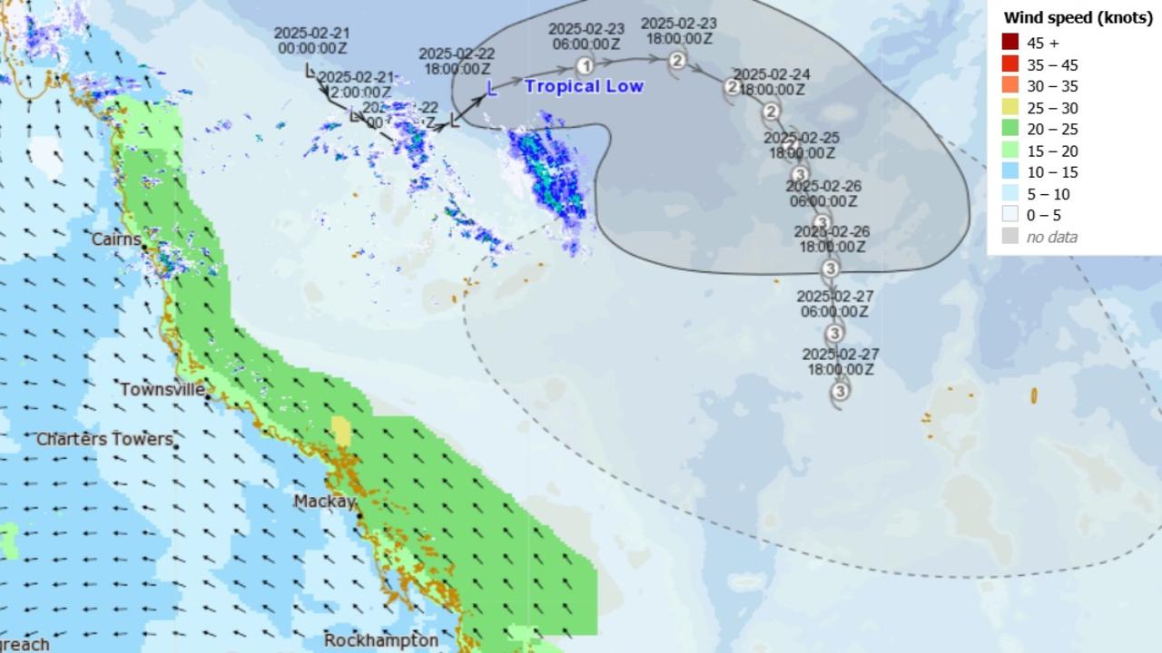 A strong wind warning is in place along Queensland's east coast due to the impact of the tropical low over the Coral Sea which was expected to be named Tropical Cyclone Alfred on Sunday. Picture: BOM.