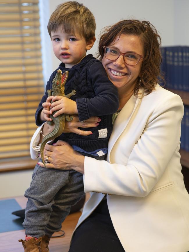 Amanda Rishworth with her son son Oscar at Parliament House in Canberra last month. Picture: Andrew Taylor