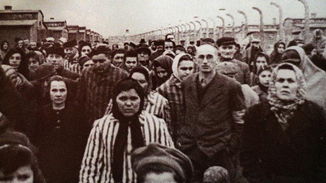 Prisoners during the liberation of Auschwitz by Soviet soldiers in 1945.