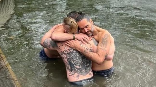 Russell Brand shared an Instagram story of being baptised by Bear Grylls in the Thames. Picture: Instagram