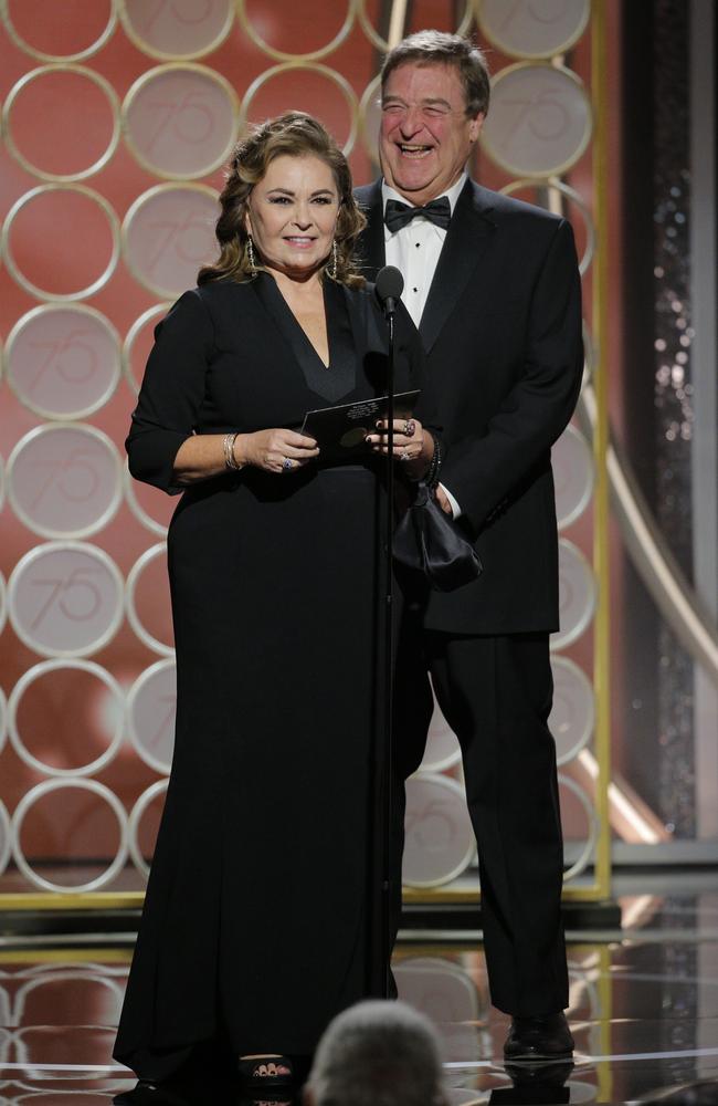 Roseanne Bar and, John Goodman speak onstage during the 75th Annual Golden Globe Awards at The Beverly Hilton Hotel on January 7, 2018 in Beverly Hills, California. Picture: Getty