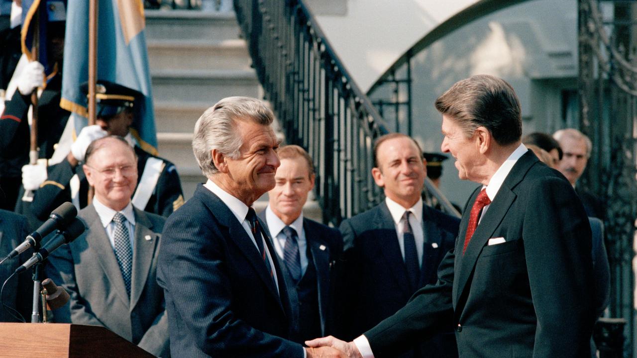 Bob Hawke welcomed by US President Ronald Reagan at the White House, Washington, February 1985. Picture: National Archives of Australia