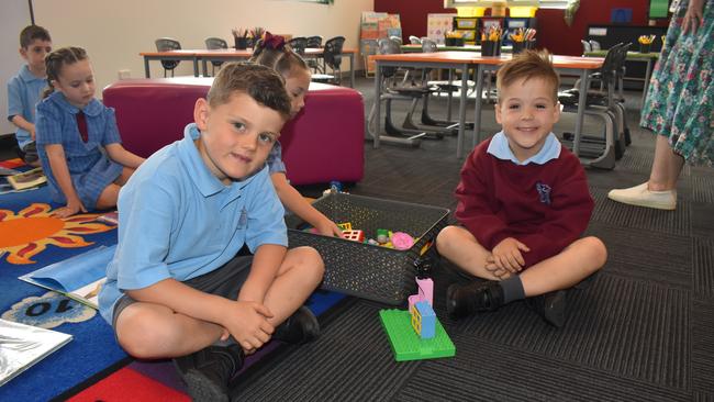 Preppies Sonny Sinclair and Jude Burt on their first day at St Gabriel's Primary School, Traralgon on January 30, 2025. Picture: Jack Colantuono