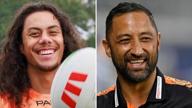 (L-R) Wests Tigers star recruit Jarome Luai and coach Benji Marshall.