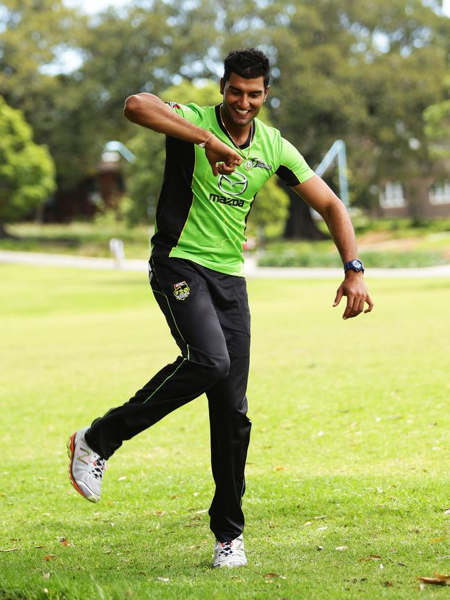 Sandhu performs one of his cross-training moves at Prince Alfred Park in Sydney. Picture: Brett Costello.