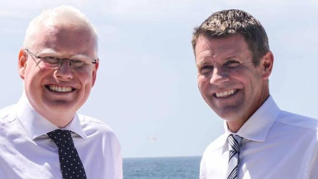 Kiama MP Gareth Ward has been caught up in a massage scam in the US. Mr Ward (left) is pictured here with former premier Mike Baird. Picture: Mike Baird